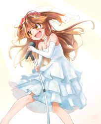 Rule 34 | 1girl, breasts, bridal veil, brown eyes, brown hair, cleavage, commentary, dress, elbow gloves, english commentary, gloves, highres, holding, holding microphone stand, leaning forward, lunar veggie, microphone stand, music, re:act, shishigami leona, singing, smile, solo, strapless, strapless dress, two side up, v-shaped eyebrows, veil, virtual youtuber, wedding dress, white dress, white gloves