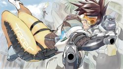 Rule 34 | 2girls, animal, blue sky, bodysuit, bomber jacket, brown eyes, brown gloves, brown hair, brown jacket, character name, chest harness, cloud, day, dual wielding, eyebrows, gloves, goggles, gorilla, gun, hanabusa (xztr3448), harness, holding, holding gun, holding weapon, jacket, leather, leather jacket, mercy (overwatch), multiple girls, orange bodysuit, overwatch, overwatch 1, parted lips, short hair, sky, smile, solo focus, spiked hair, thigh strap, tracer (overwatch), weapon, white footwear, winston (overwatch), x arms