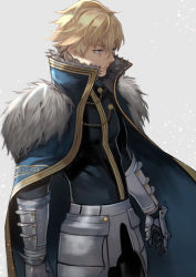 Rule 34 | 1boy, armor, black gloves, blonde hair, blue cape, blue shirt, cape, closed mouth, commentary, cowboy shot, english commentary, fate/grand order, fate/stay night, fate (series), faulds, fur trim, gauntlets, gawain (fate), gloves, greaves, green eyes, highres, looking to the side, male focus, manly, pauldrons, shirt, short hair, shoulder armor, solo, yoshio (55level)