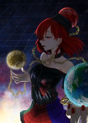 Rule 34 | 1girl, bare shoulders, black collar, black shirt, chain, clothes writing, collar, ear piercing, earrings, earth (ornament), gyosai, hecatia lapislazuli, highres, jewelry, long hair, looking at viewer, moon (ornament), multicolored clothes, multicolored skirt, nail polish, off-shoulder shirt, off shoulder, open mouth, piercing, profile, red eyes, red hair, red nails, shirt, skirt, solo, t-shirt, touhou
