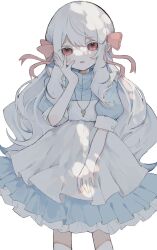Rule 34 | 1girl, apron, blue dress, bow, colored eyelashes, dress, frilled dress, frills, hair bow, highres, jewelry, kagerou project, key, key necklace, kozakura marry, long hair, necklace, pink bow, pink eyes, puffy short sleeves, puffy sleeves, short sleeves, sidelocks, simple background, slept sui, smile, solo, very long hair, white apron, white background, white hair