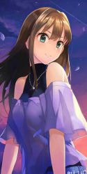 Rule 34 | 1girl, artist name, ashita (2010), bad id, bad twitter id, bare shoulders, blush, brown hair, commentary request, flat chest, green eyes, idolmaster, idolmaster cinderella girls, jewelry, long hair, looking at viewer, necklace, off shoulder, shibuya rin, sketch, smile, solo, twilight