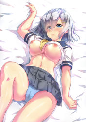 Rule 34 | 1girl, bed sheet, blouse, blue eyes, blue panties, blue sailor collar, blush, breasts, cameltoe, closed mouth, clothes lift, commentary request, eyes visible through hair, hair over one eye, hamakaze (kancolle), highres, kantai collection, large breasts, looking at viewer, lying, nipples, no bra, on back, panties, revision, sailor collar, school uniform, serafuku, sheet grab, shirt, shirt lift, short hair, short sleeves, silver hair, sleeve cuffs, solo, toenketsu, underwear, white shirt