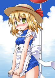 Rule 34 | 1girl, :o, akou roushi, alternate costume, apron, bare shoulders, blonde hair, blush, green eyes, hat, kana anaberal, looking at viewer, open mouth, ribbed sweater, road sign, short hair, sign, sleeveless, sleeveless turtleneck, solo, strap slip, sun hat, sweater, touhou, touhou (pc-98), turtleneck, waist apron