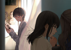 Rule 34 | 1boy, 2girls, absurdres, blue eyes, book, brown eyes, brown hair, bust (sculpture), day, grey shirt, hand up, highres, indoors, long hair, looking at another, macaronk, multiple girls, open book, original, painting (object), shirt, window