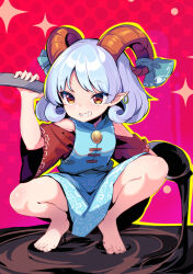 Rule 34 | 1girl, barefoot, blue dress, blue ribbon, commentary, curled horns, curly hair, dress, earrings, full body, hair ribbon, harakune (mugennero), highres, horns, jewelry, meandros, oversized object, pointy ears, polka dot, polka dot background, red background, red eyes, red horns, red sleeves, ribbon, sheep horns, solo, squatting, star (symbol), touhou, toutetsu yuuma, utensil