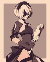 Rule 34 | 1girl, breasts, duster, facing viewer, gloves, holding, holding duster, maid headdress, medium breasts, mole, mole under mouth, monochrome, moshimoshibe, nier:automata, nier (series), parted lips, short hair, solo, thighhighs, 2b (nier:automata)