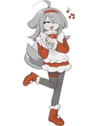 Rule 34 | 1girl, ;d, ahoge, animal ears, apron, bone hair ornament, boots, christmas, commentary request, dog ears, dog tail, dress, facing viewer, fang, full body, fur-trimmed dress, fur trim, grey hair, grey tail, hair ornament, hair over one eye, hairband, highres, holding, holding sack, light blush, long sleeves, maid apron, musical note, nuinuiwawan, nuinuiwawan (character), one eye closed, open mouth, original, pantyhose, red dress, red footwear, red hairband, sack, santa boots, simple background, smile, solo, tail, thigh strap, white apron, white background