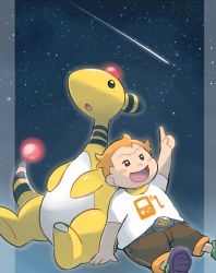 Rule 34 | 1boy, :d, ampharos, arm support, arm up, black eyes, blush stickers, brown pants, commentary request, creatures (company), game freak, gen 2 pokemon, green footwear, looking up, male focus, night, nintendo, open mouth, orange hair, outdoors, pants, pokemon, pokemon (creature), pokemon sm, scarf, shirt, shoes, shooting star, short hair, sitting, sky, smile, sophocles (pokemon), star (sky), stargazing, starry sky, t-shirt, tansho, tongue, white shirt, yellow scarf
