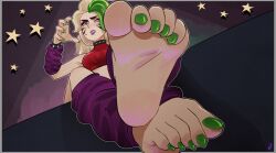 Rule 34 | 1girl, absurdres, arm warmers, artist logo, barefoot, blonde hair, breasts, choker, commentary, crop top, crossed legs, english commentary, eyeshadow, facial mark, feet, five nights at freddy&#039;s, foot focus, forehead, foreshortening, green eyes, green hair, green nails, hand up, highres, humanization, leg warmers, long hair, makeup, medium breasts, mohoshadream, multicolored hair, nail polish, personification, purple lips, red shirt, shirt, sitting, sleeveless, soles, solo, spiked choker, spikes, star (symbol), streaked hair, teeth, toe scrunch, toenail polish, toenails, toes, vanessa (fnaf)