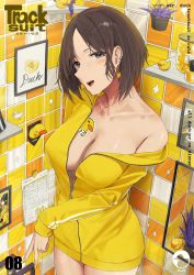 Rule 34 | 1girl, bird, black eyes, breasts, brown hair, cleavage, cowboy shot, duck, earrings, english text, highres, jacket, jewelry, large breasts, long sleeves, looking at viewer, nail polish, noeru, off shoulder, original, parted bangs, parted lips, partially unzipped, picture frame, plant, potted plant, short hair, single bare shoulder, smile, solo, tattoo, teeth, tile wall, tiles, upper teeth only, wet, yellow jacket, yellow nails, zipper pull tab
