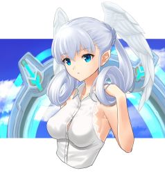 Rule 34 | 1girl, blue eyes, blush, cloud, curly hair, dolling60883582, dollinger, head wings, long hair, melia antiqua, nintendo, silver hair, simple background, sky, solo, wings, xenoblade chronicles (series), xenoblade chronicles 1, xenoblade chronicles (series)