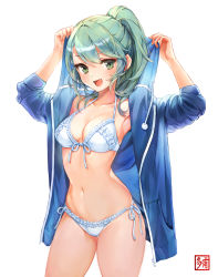 Rule 34 | 1girl, :d, absurdres, armpits, arms up, bikini, blue jacket, breasts, cleavage, collarbone, cowboy shot, dabo (parksh5054), drawstring, fang, frilled bikini, frills, front-tie bikini top, front-tie top, green eyes, green hair, halterneck, has bad revision, highres, hood, hooded jacket, jacket, long hair, long sleeves, looking at viewer, medium breasts, navel, open clothes, open jacket, open mouth, original, ponytail, revision, side-tie bikini bottom, sidelocks, simple background, smile, solo, standing, stomach, swimsuit, thighs, white background, white bikini