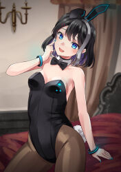 Rule 34 | 1girl, animal ears, aqua nails, bed, black bow, black bowtie, black hair, black leotard, blue eyes, blurry, blurry background, bow, bowtie, bracelet, breasts, brown pantyhose, candlestand, cowboy shot, curtains, detached collar, head tilt, highres, jewelry, leotard, mayura (lucadia), multicolored hair, nail polish, original, pantyhose, playboy bunny, rabbit ears, rabbit tail, short hair, sitting, small breasts, smile, solo, strapless, strapless leotard, streaked hair, tail, white hair