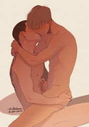 Rule 34 | 2boys, adam parrish, arms around neck, back tattoo, bishounen, black hair, blonde hair, blush, boy on top, buzz cut, catbishonen, completely nude, couple, cowboy shot, erection, french kiss, handjob, highres, kiss, male focus, multiple boys, nude, penis, ronan lynch, short hair, simple background, tattoo, the raven cycle, very short hair, yaoi