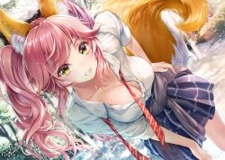 Rule 34 | 1girl, animal ear fluff, animal ears, blue skirt, blue sweater, blush, bow, breasts, cleavage, clothes around waist, day, dutch angle, fate/extra, fate (series), fox ears, fox tail, grin, hair bow, hand on own hip, hand on own thigh, large breasts, leaning forward, light particles, long hair, looking at viewer, loose necktie, necktie, official alternate costume, outdoors, paint musume, partially unbuttoned, pink hair, red necktie, school uniform, shirt, sidelocks, signature, skirt, smile, solo, sweater, sweater around waist, tail, tamamo (fate), tamamo no mae (fate/extra), twintails, twitter username, white shirt, yellow eyes