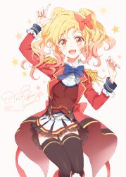 Rule 34 | 1girl, :d, absurdres, aikatsu! (series), aikatsu stars!, arm up, black thighhighs, blonde hair, blue bow, blue bowtie, bow, bowtie, brown eyes, brown sweater, dress shirt, floating hair, gradient hair, hair bow, highres, jacket, long hair, long sleeves, looking at viewer, miniskirt, multicolored hair, nghrstst, nijino yume, open clothes, open jacket, open mouth, pink hair, pleated skirt, red bow, red jacket, s4 uniform, shirt, skirt, smile, solo, sweater, thigh gap, thighhighs, white background, white shirt, white skirt, zettai ryouiki