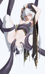 Rule 34 | 1girl, armpits, arms up, breasts, cleavage, dragon girl, dragon horns, fate/grand order, fate (series), horns, kiyohime (fate), long hair, medium breasts, multiple horns, newflame, nipples, red eyes, restrained, solo, suspension, tentacles, thighhighs, torn clothes, torn thighhighs, vaginal, white hair, white thighhighs