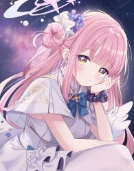 Rule 34 | 1girl, angel wings, black scrunchie, blue archive, blush, breasts, capelet, chocola vt, closed mouth, dress, feathered wings, flower, hair bun, hair flower, hair ornament, halo, highres, large breasts, long hair, looking at viewer, mika (blue archive), pantyhose, pink hair, pink halo, purple flower, scrunchie, single side bun, solo, white capelet, white dress, white pantyhose, white wings, wings, wrist scrunchie, yellow eyes