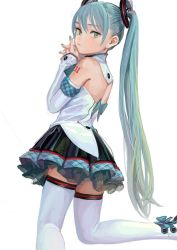 Rule 34 | 1girl, aqua hair, aqua nails, artist name, bare shoulders, detached sleeves, expressionless, fkey, from behind, green eyes, hatsune miku, highres, interlocked fingers, kneeling, long hair, looking at viewer, looking back, magical mirai miku, magical mirai miku (2017), nail polish, pleated skirt, simple background, skirt, solo, thighhighs, twintails, very long hair, vocaloid, white background, white thighhighs