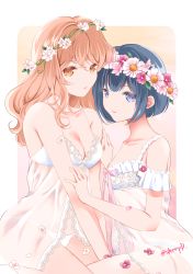 Rule 34 | 2girls, babydoll, bare arms, bare legs, blue eyes, blue hair, border, bow, breasts, brown eyes, brown hair, cleavage, collarbone, flower, frills, from side, hands on another&#039;s arms, head wreath, height difference, highres, leg between thighs, long hair, looking at viewer, medium breasts, multiple girls, original, panties, parted lips, pink background, pink bow, pink flower, see-through, sheepd, short hair, underwear, underwear only, white border, white flower, white panties, yuri