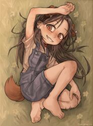 Rule 34 | 1girl, absurdres, animal collar, animal ears, arm up, barefoot, blue overalls, bone hair ornament, brown eyes, brown hair, brown shirt, collar, dog ears, dog girl, dog tail, ear piercing, forehead, full body, grass, grin, hair ornament, hand on own knee, highres, knee up, lying, on grass, original, outdoors, overalls, piercing, self-harm scar, sharp teeth, shirt, smile, solo, syrupmelty, tail, teeth