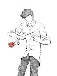 Rule 34 | 1boy, black hair, black pants, ceruleanwax, collared shirt, cowboy shot, faceless, flower, highres, holding, injury, leaf, male focus, original, pants, red flower, shirt, short hair, short sleeves, signature, simple background, sleeves rolled up, solo, spot color, white shirt
