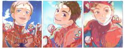 3boys blue_bodysuit blue_eyes bodysuit brown_hair chibi cloud commentary_request korean_commentary looking_at_viewer male_focus marvel marvel_cinematic_universe multiple_boys open_mouth peter_parker red_bodysuit senzzang short_hair sky smile spider-man spider-man:_no_way_home spider-man_(series) spider_web_print upper_body