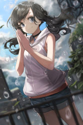 Rule 34 | 1girl, amano hina (tenki no ko), bare arms, bare shoulders, black hair, black neckwear, blue neckwear, blurry, blurry background, blurry foreground, choker, cloud, cloudy sky, dutch angle, goomrrat, grey eyes, highres, hood, hood down, hooded jacket, jacket, jewelry, long hair, low twintails, own hands together, pendant, revision, short shorts, shorts, sky, sleeveless, sleeveless jacket, smile, solo, tenki no ko, twintails, water drop