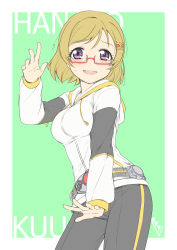 Rule 34 | 1girl, :d, absurdres, arm up, black pants, border, breasts, bunji, character name, commentary request, contrapposto, cowboy shot, crown hair ornament, drawstring, flying sweatdrops, glasses, green background, hair ornament, hairclip, highres, hood, hooded jacket, jacket, kamen rider, kamen rider kuuga, koizumi hanayo, light brown hair, long sleeves, love live!, love live! school idol project, medium breasts, open mouth, outside border, pants, purple eyes, red-framed eyewear, rider-tan, rider belt, round teeth, semi-rimless eyewear, short hair, signature, simple background, smile, solo, swept bangs, teeth, under-rim eyewear, upper teeth only, white border, white jacket