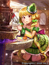 Rule 34 | 1girl, :o, bad id, bad pixiv id, blonde hair, blush, character request, head rest, chocolate, company name, detached sleeves, dragon tactics, dress, fork, green dress, hair ornament, ichinose777, indoors, kneeling, light particles, long hair, official art, red eyes, shoes, sleeveless, sleeveless dress, socks, solo, twintails, very long hair, watermark
