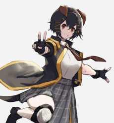 Rule 34 | 1girl, animal ears, arknights, bannouyakunta, black footwear, black gloves, black hair, black jacket, breasts, brown eyes, brown necktie, commentary request, dog ears, dog girl, dog tail, fingerless gloves, gloves, grey background, grey skirt, grin, hair ornament, hairclip, highres, jacket, jackie (arknights), knee pads, large breasts, leg up, looking at viewer, necktie, open clothes, open jacket, open mouth, plaid, plaid skirt, pleated skirt, shirt, shirt tucked in, short hair, simple background, skirt, smile, solo, tail, thick eyebrows, v, white shirt