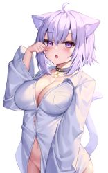 Rule 34 | 1girl, ahoge, animal ear fluff, animal ears, blush, breast pocket, breasts, button gap, cat ears, cat girl, cat tail, collar, collared shirt, deaver, dot nose, dress shirt, fang, groin, hair between eyes, hand up, highres, hololive, large breasts, long sleeves, looking at viewer, naked shirt, navel, nekomata okayu, open mouth, partially unbuttoned, pocket, shirt, simple background, solo, tail, tail raised, virtual youtuber, white shirt