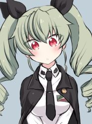 Rule 34 | 1girl, :o, aimai (luckyfive), anchovy (girls und panzer), anzio school uniform, bad id, bad twitter id, black cape, black necktie, black ribbon, blush, cape, commentary, dress shirt, drill hair, emblem, girls und panzer, green hair, hair ribbon, head tilt, long hair, looking at viewer, necktie, open mouth, red eyes, ribbon, school uniform, shirt, simple background, solo, twin drills, twintails, upper body, white shirt