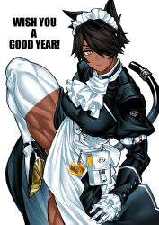 Rule 34 | 1girl, absurdres, animal ears, apron, barcode, belt pouch, breasts, brown hair, cat ears, cat tail, commentary, corset, dark skin, dark-skinned female, desperado (yotaro), english commentary, english text, eyepatch, gloves, happy new year, high heels, highres, large breasts, maid, maid headdress, mao (yotaro), muscular, muscular female, name tag, new year, one-eyed, pouch, short hair, side slit, slit pupils, solo, standing, standing on one leg, tail, tail ornament, tail ring, thick thighs, thighhighs, thighs, waist apron, white gloves, wrist cuffs, yellow eyes, yotaro