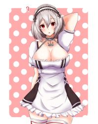 Rule 34 | 1girl, :o, ?, absurdres, arm behind back, arm behind head, azur lane, blush, breasts, cleavage, collarbone, core1013, feet out of frame, grey hair, hairband, highres, large breasts, looking at viewer, maid, maid headdress, medium hair, open mouth, red eyes, simple background, sirius (azur lane), solo, standing