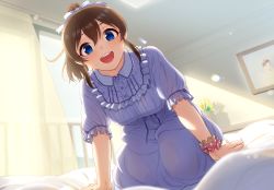 Rule 34 | 1girl, arm support, bed, blue dress, blue eyes, blurry, blurry foreground, brown hair, collared dress, commentary, curtains, day, depth of field, dress, hair ribbon, idolmaster, idolmaster million live!, indoors, kamille (vcx68), kneeling, leaning forward, looking at viewer, medium dress, medium hair, on bed, open mouth, ponytail, pov, ribbon, satake minako, scrunchie, short dress, smile, white ribbon, window, wrist scrunchie