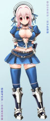 Rule 34 | 1girl, armor, armored dress, arms behind back, azure (armor), blue thighhighs, blush, breasts, capcom, center opening, choker, cleavage, cosplay, elbow gloves, gloves, headphones, large breasts, midriff, monster hunter, monster hunter (series), monster hunter frontier, navel, nitroplus, pink hair, red eyes, ribbon, short hair, skindentation, skirt, solo, standing, super sonico, thighhighs, v-mag