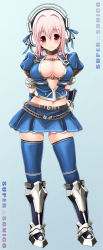 1girl armor armored_dress arms_behind_back azure_(armor) blue_thighhighs blush breasts capcom center_opening choker cleavage cosplay elbow_gloves female_focus gloves headphones large_breasts midriff monster_hunter monster_hunter_(series) monster_hunter_frontier navel nitroplus pink_hair red_eyes ribbon short_hair skindentation skirt solo standing super_sonico thighhighs v-mag