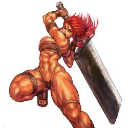Rule 34 | 1girl, abs, arm strap, arm up, babel (shu-mai), bare shoulders, blue eyes, bracer, braid, breasts, brown panties, commentary request, dark-skinned female, dark skin, female pubic hair, floating hair, hair between eyes, highleg, highleg panties, holding, holding weapon, large breasts, leg up, long hair, looking at viewer, looking down, muscular, muscular female, navel, open mouth, original, panties, pubic hair, red hair, sandals, sarashi, shiny skin, shouting, shu-mai, side braid, simple background, single braid, solo, thick thighs, thigh strap, thighlet, thighs, toenails, twisted torso, underwear, v-shaped eyebrows, warrior, weapon, white background