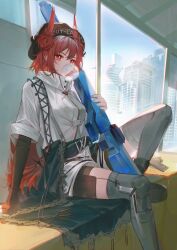 Rule 34 | 1girl, absurdres, arknights, black headwear, breasts, bright pupils, blowing bubbles, chinese commentary, commentary request, fiammetta (arknights), foot out of frame, high collar, highres, holding, layered sleeves, long sleeves, luren max, pointy hair, red eyes, red hair, shirt, short hair, short over long sleeves, short sleeves, sitting, small breasts, solo, thighhighs, white pupils, white shirt