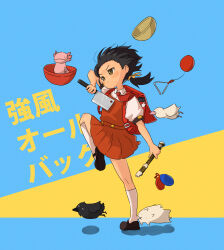 Rule 34 | 1girl, animal, arm at side, arm up, axolotl, backpack, bag, bag charm, balloon, bird, black footwear, black hair, blue background, blush, brown eyes, capsule, castanets, cat, charm (object), cleaver, closed eyes, closed mouth, clothes grab, commentary, copyright name, crow, dove, dress, dress shirt, floating, floating hair, floating neckwear, floating object, flute, forehead blush, frown, full body, hair ribbon, hair slicked back, hair strand, highres, holding, holding flute, holding instrument, holding knife, instrument, kaai yuki, knee up, kneehighs, knife, kyoufuu all back (vocaloid), long hair, looking ahead, marching, mary janes, messy hair, mouth hold, narrowed eyes, necktie, nose blush, owl pencil, pleated dress, puffy short sleeves, puffy sleeves, pursed lips, rabbit symbol, randoseru, red bag, red dress, red necktie, ribbon, school uniform, shadow, shirt, shoes, short dress, short sleeves, socks, solo, translated, triangle (instrument), twintails, two-tone background, v-shaped eyebrows, vocaloid, white shirt, white socks, wind, yellow background, yellow ribbon