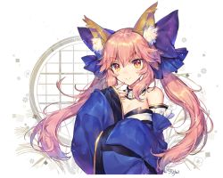 Rule 34 | 10s, 1girl, animal ears, bare shoulders, blue kimono, blush, bow, breasts, cleavage, closed eyes, detached collar, detached sleeves, fate/extra, fate (series), fox ears, hair bow, hand up, japanese clothes, kimono, large bow, long hair, long sleeves, looking at viewer, medium breasts, pink eyes, purple bow, sidelocks, sleeves past wrists, smile, solo, soriya, tamamo (fate), tamamo no mae (fate/extra), twintails, upper body, v-shaped eyebrows, white background, wide sleeves, window, yellow eyes
