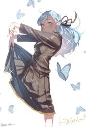Rule 34 | 1girl, black jacket, black ribbon, black skirt, blue butterfly, blue eyes, blue hair, breasts, bug, butterfly, feet out of frame, from side, hair ribbon, highres, insect, jacket, long hair, looking at viewer, looking to the side, mau sakura, motion blur, night raven college uniform, outstretched arms, pleated skirt, ribbon, school uniform, skirt, skirt hold, solo, sparkle, standing, swept bangs, twisted wonderland, white background, yuu (twisted wonderland)