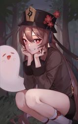 Rule 34 | 1girl, black nails, boo tao (genshin impact), brown coat, brown hair, cheek rest, coat, feet out of frame, flower, flower-shaped pupils, forest, genshin impact, grin, hair between eyes, hands on own face, hat, hat flower, hat tassel, highres, hu tao (genshin impact), jewelry, long hair, long sleeves, looking at viewer, multiple rings, nail polish, nature, plum blossoms, porkpie hat, red eyes, ring, short shorts, shorts, smile, solo, squatting, symbol-shaped pupils, teeth, thighs, tolfobak2, tree