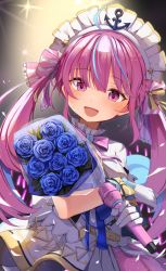 Rule 34 | 1girl, :d, ahoge, alternate costume, anchor symbol, belt, blue flower, blue hair, blue ribbon, blue rose, bouquet, braid, breasts, collar, commentary request, cowboy shot, dress, flower, french braid, frilled collar, frills, gloves, hair ribbon, highres, holding, holding bouquet, holding microphone, hololive, lens flare, long hair, looking at viewer, maid headdress, medium breasts, microphone, minato aqua, multicolored hair, open mouth, purple eyes, purple hair, ribbon, rose, shadow, short sleeves, sidelocks, smile, solo, sparkle, streaked hair, summer tail720, twintails, two-tone hair, virtual youtuber, white dress, white gloves