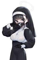 Rule 34 | 1girl, 28 (282teeth), alternate costume, black gloves, black hair, black mask, blue archive, blunt bangs, cross, cross necklace, delinquent, gloves, habit, halo, highres, jewelry, mask, mouth mask, necklace, nun, solo, sukeban, sukeban (smg) (blue archive), surgical mask, upper body, veil, white background