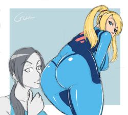 Rule 34 | 2girls, ass, bent over, blonde hair, blue eyes, bodysuit, breasts, colored skin, crossover, drawfag, grey hair, kiss, kissing ass, large breasts, long hair, meme, metroid, multiple girls, nintendo, pale skin, ponytail, reference, samus aran, sidelocks, signature, simple background, super smash bros., tank top, thumbs up, white skin, wii fit, wii fit trainer, wii fit trainer (female), yuri, zero suit