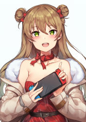 Rule 34 | 1girl, :d, absurdres, ahoge, bada (jksh5056), bare shoulders, belt, blush, bow, breasts, brown hair, choker, christmas, cleavage, double bun, dress, fur trim, girls&#039; frontline, green eyes, hair between eyes, hair bow, hair bun, handheld game console, highres, holding, holding handheld game console, jacket, long hair, looking at viewer, medium breasts, off shoulder, official alternate costume, open mouth, red bow, rfb (girls&#039; frontline), rfb (how rfb stole xmas) (girls&#039; frontline), sidelocks, simple background, smile, solo, strapless, strapless dress, upper body, white background