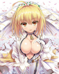 Rule 34 | 10s, 1girl, ahoge, alternate eye color, blonde hair, bodysuit, breasts, bridal veil, cafeore, cleavage, fate/extra, fate/extra ccc, fate (series), gloves, hair between eyes, hair intakes, hair ornament, hand on own chest, leaning forward, lock, looking at viewer, medium breasts, navel, nero claudius (bride) (fate), nero claudius (fate), nero claudius (fate) (all), orange eyes, padlock, parted lips, solo, unzipped, veil, white gloves, zipper